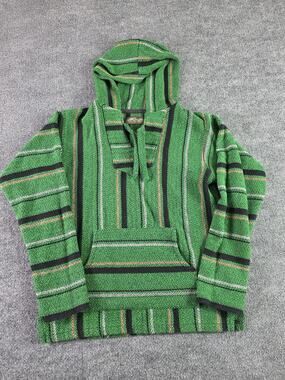 Mexican Baja Woven Hoodie Mens Medium Pullover Striped Pocket Retrofit Green Rug